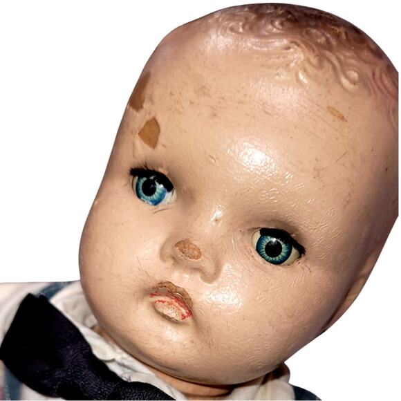 16" Vintage Charrning Composition Tin Eyes ~ Curly Molded Hair ~ School Boy Doll - Picture 2 of 14